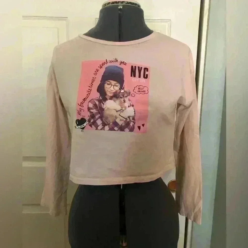 H&M pink long sleeve crop top girl with dog girls size 10-12